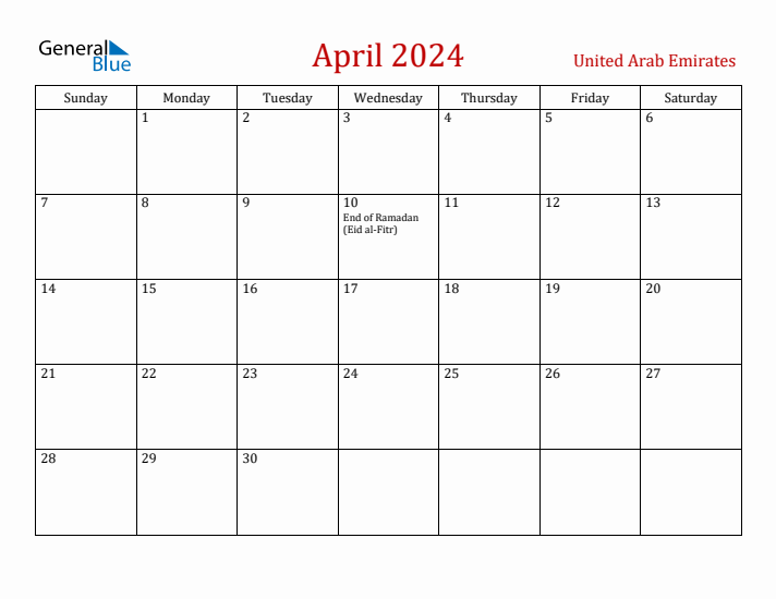 United Arab Emirates April 2024 Calendar - Sunday Start
