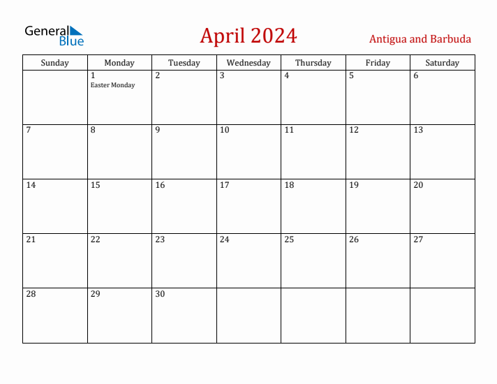 Antigua and Barbuda April 2024 Calendar - Sunday Start
