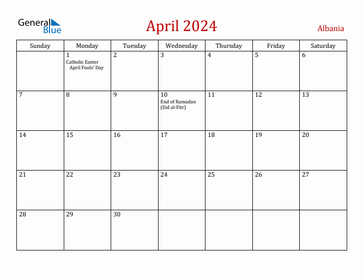 Albania April 2024 Calendar - Sunday Start