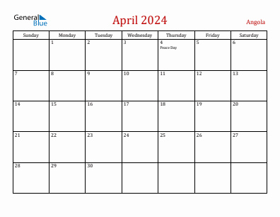 Current month calendar with Angola holidays for April 2024