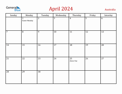 Current month calendar with Australia holidays for April 2024