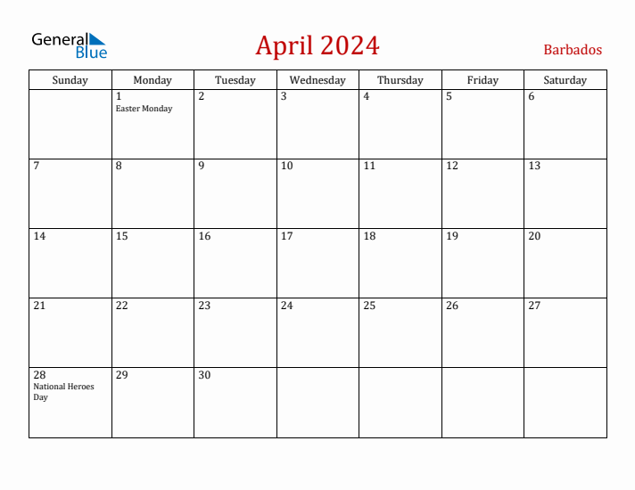 April 2024 Monthly Calendar with Barbados Holidays