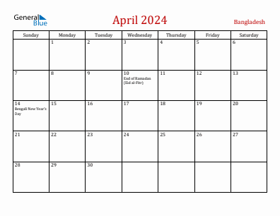 Current month calendar with Bangladesh holidays for April 2024