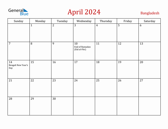 April 2024 Bangladesh Monthly Calendar with Holidays