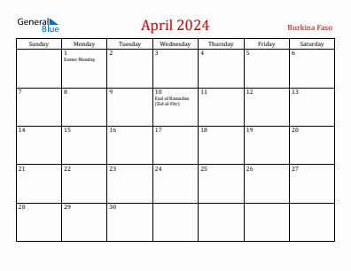 Current month calendar with Burkina Faso holidays for April 2024