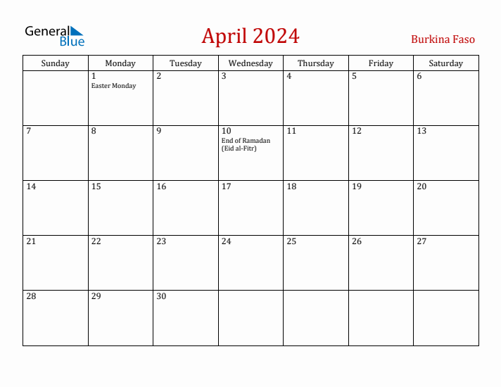 Burkina Faso April 2024 Calendar - Sunday Start