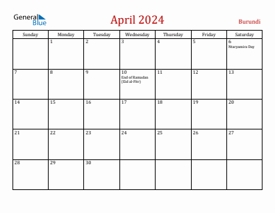 Current month calendar with Burundi holidays for April 2024