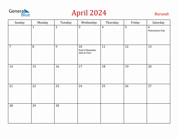 Burundi April 2024 Calendar - Sunday Start