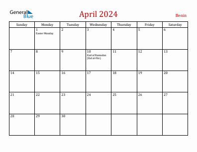 Current month calendar with Benin holidays for April 2024