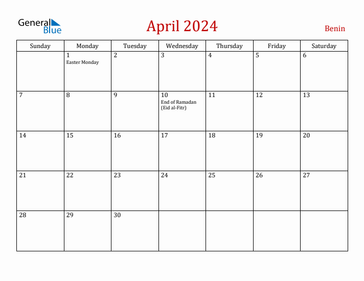 Benin April 2024 Calendar - Sunday Start