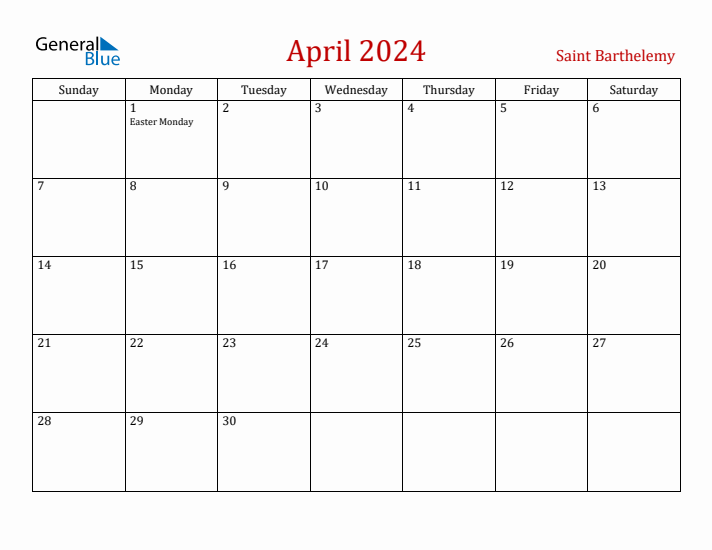 Saint Barthelemy April 2024 Calendar - Sunday Start