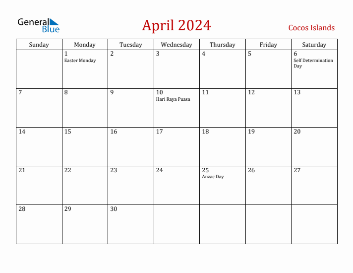 Cocos Islands April 2024 Calendar - Sunday Start