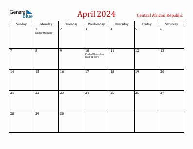 Current month calendar with Central African Republic holidays for April 2024