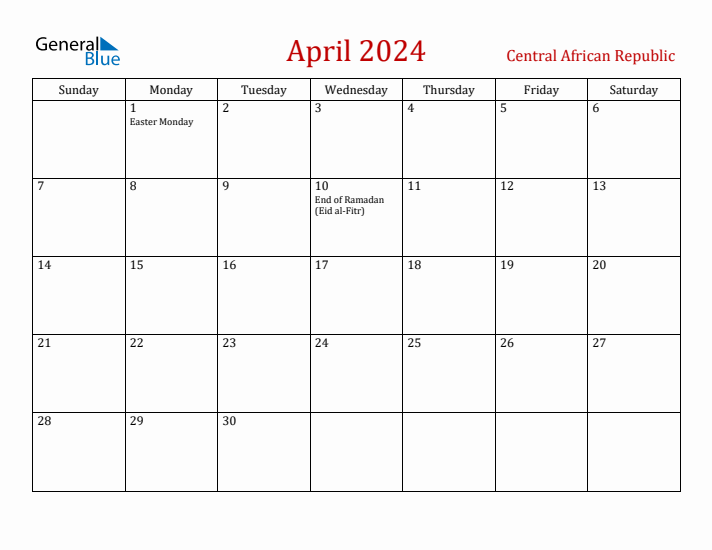 Central African Republic April 2024 Calendar - Sunday Start