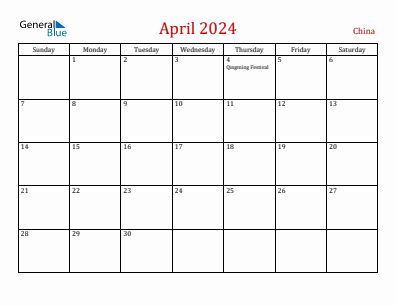 Current month calendar with China holidays for April 2024
