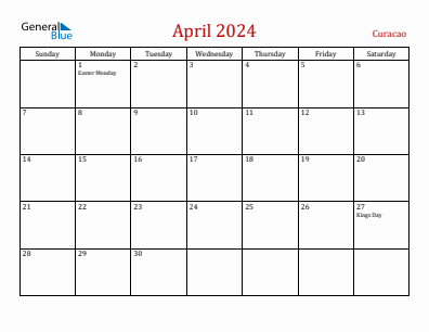 Current month calendar with Curacao holidays for April 2024