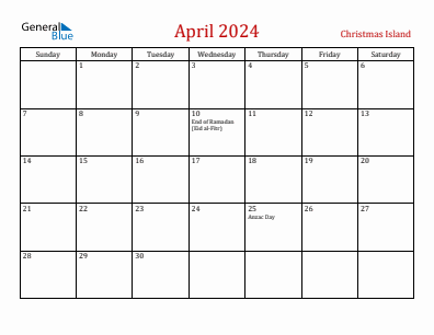 Current month calendar with Christmas Island holidays for April 2024