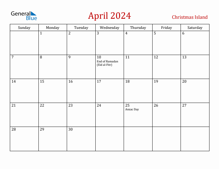 Christmas Island April 2024 Calendar - Sunday Start