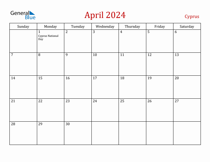 Cyprus April 2024 Calendar - Sunday Start