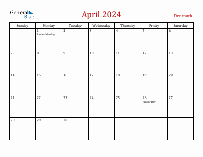 Current month calendar with Denmark holidays for April 2024