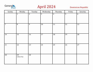 Current month calendar with Dominican Republic holidays for April 2024