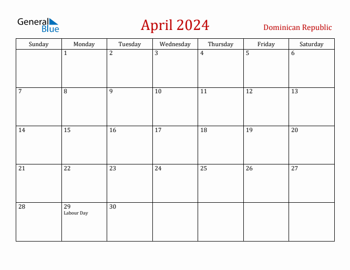 Dominican Republic April 2024 Calendar - Sunday Start