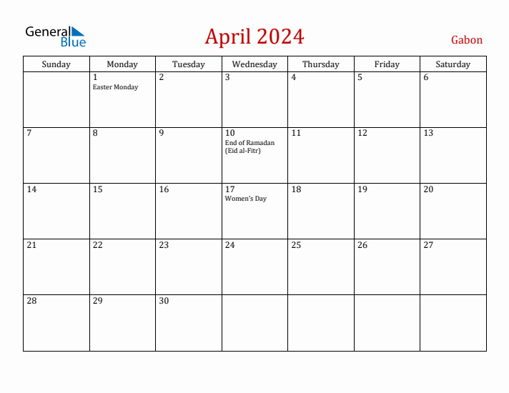 Gabon April 2024 Calendar - Sunday Start