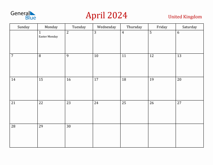 United Kingdom April 2024 Calendar - Sunday Start