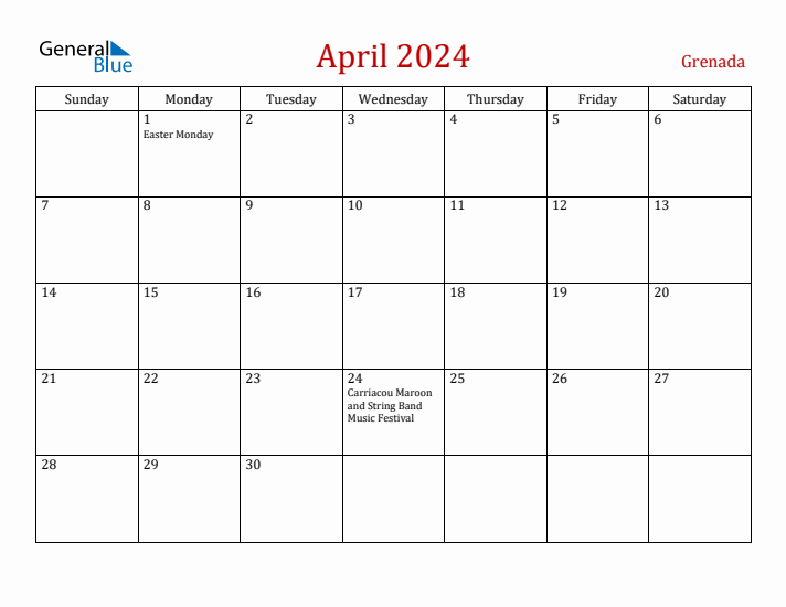 Grenada April 2024 Calendar - Sunday Start