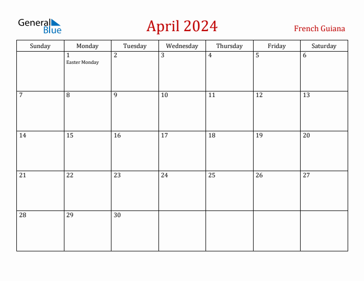 French Guiana April 2024 Calendar - Sunday Start