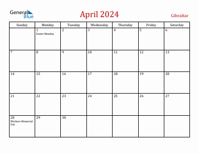 Current month calendar with Gibraltar holidays for April 2024