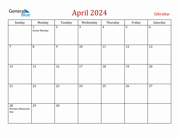 Gibraltar April 2024 Calendar - Sunday Start