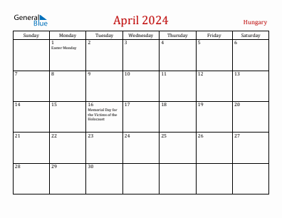 Current month calendar with Hungary holidays for April 2024