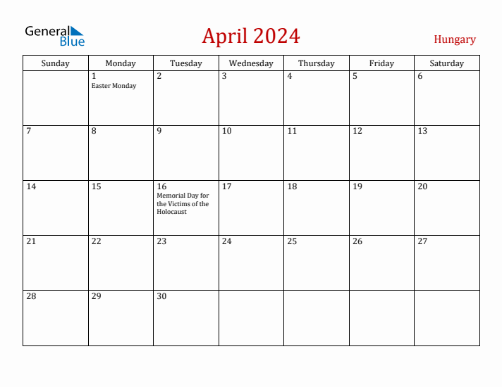 Hungary April 2024 Calendar - Sunday Start