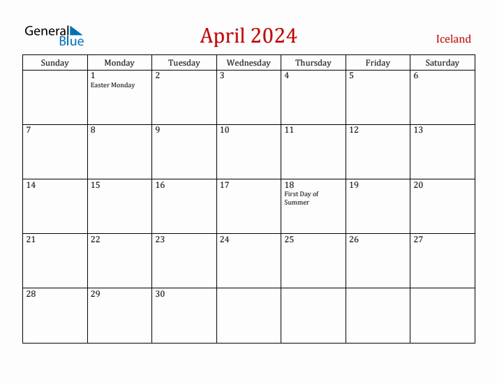 Iceland April 2024 Calendar - Sunday Start