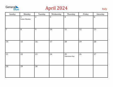 Current month calendar with Italy holidays for April 2024