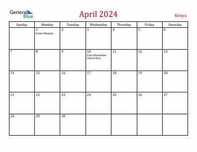 Current month calendar with Kenya holidays for April 2024