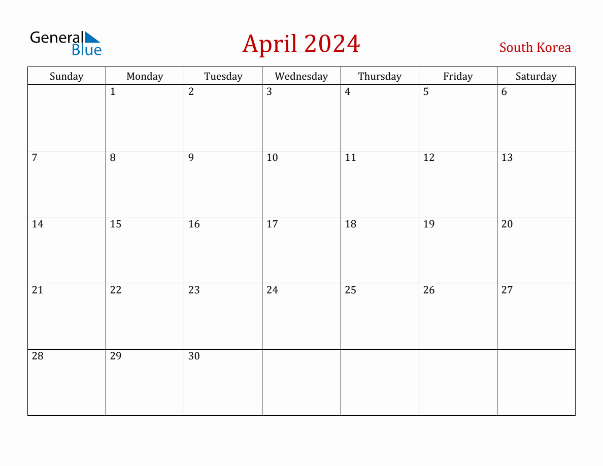 April 2024 South Korea Monthly Calendar with Holidays