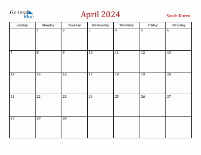 Current month calendar with South Korea holidays for April 2024