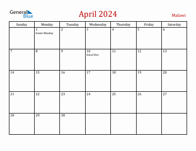 Current month calendar with Malawi holidays for April 2024