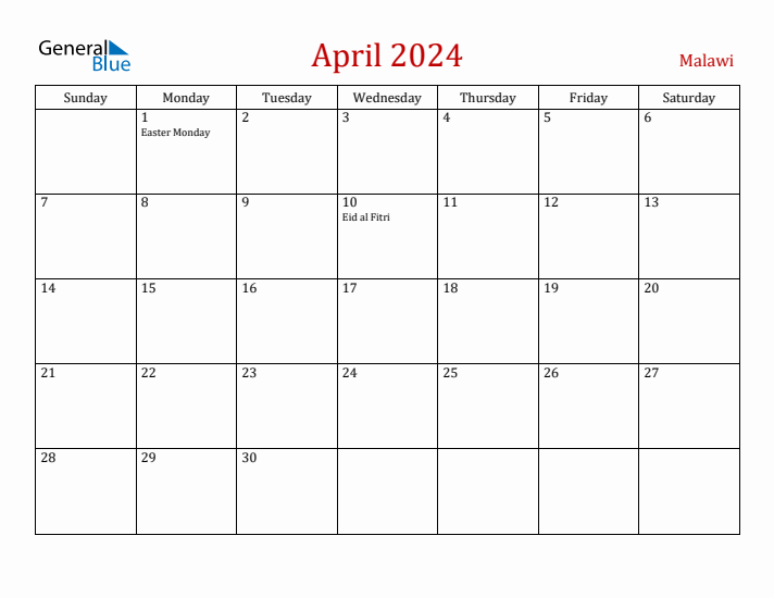 Malawi April 2024 Calendar - Sunday Start