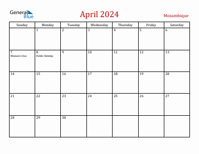 Current month calendar with Mozambique holidays for April 2024