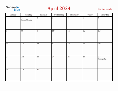 Current month calendar with The Netherlands holidays for April 2024