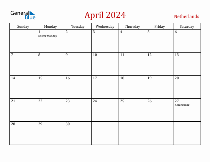 The Netherlands April 2024 Calendar - Sunday Start