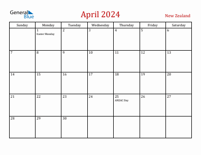 Current month calendar with New Zealand holidays for April 2024
