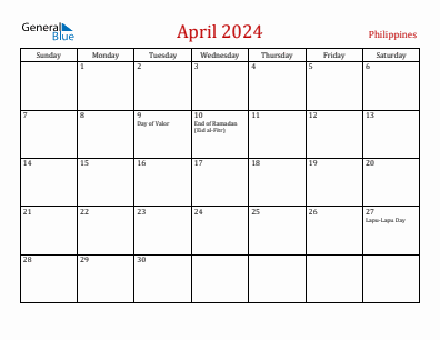 Current month calendar with Philippines holidays for April 2024