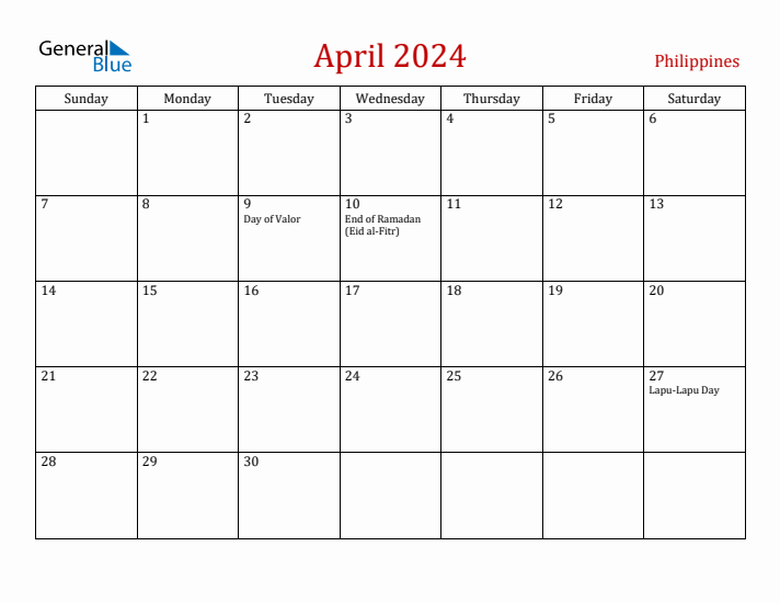 April 2024 Calendar Philippines Holiday Inn Emera Imojean