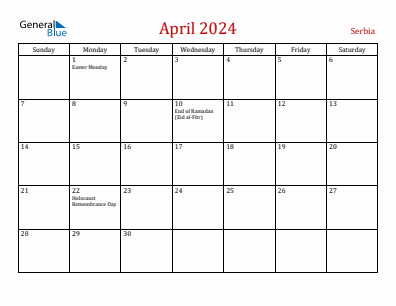 Current month calendar with Serbia holidays for April 2024