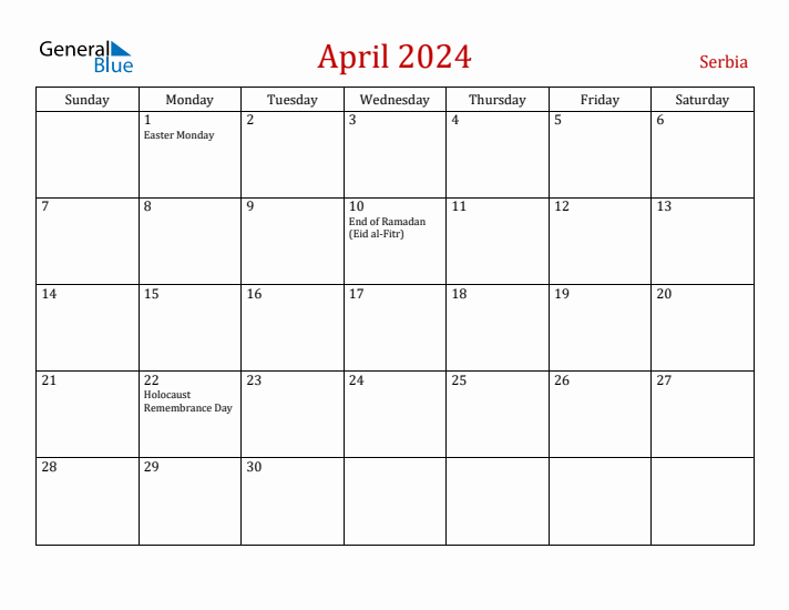 Serbia April 2024 Calendar - Sunday Start