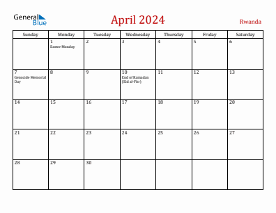Current month calendar with Rwanda holidays for April 2024